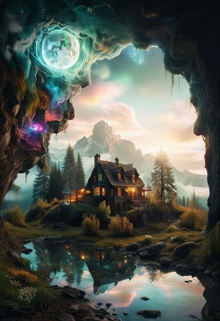(by Ellen Jewett:1.5), (Bioluminescent Impressionism, The Dreamland), their peaks veiled in mist. mixed media, surrealism, great lighting, A surreal landscape highly detailed . extremely high-resolution details,  appears trapped in an optical illusion of reflections and refractions colorful , mountain cabin, professional photography, natural lighting, volumetric lighting maximalist. intricately detailed, complex, elegant, night, moon, meteor shower, expansive, fantastical, film photography style,  <lora:MJ52:0.3>  <lora:SDXLFaeTastic2400:0.4>  <lora:EpicF4nta5yXL:0.7>.ethereal landscapes, depth of field, biotech emotion:1.3) <lora:xl_more_art-full_v1:0.5> <lora:add-detail-xl:1> <lora:RMSDXL_Creative:2>, GhostlyStyle