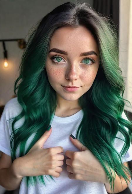 girl, long dark green ombre hair, emerald eyes, white t-shirt, medium breasts, freckles, hand heart gesture, watching at the viewer, upper body photo, hyperrealistic, 8k, highest quality, HDR+,