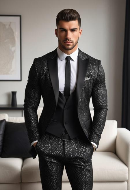 a strong 22-year-old spanish hunk bodybuilder male, with a fringe up undercut hairstyle, detailed face, mindless expression,  wearing a black suit with silver patterns, wearing pants,  on a modern living room, standing at attention pose, looking at viewer, portrait, photography, detailed skin, realistic, photo-realistic, 8k, highly detailed, full length frame, High detail RAW color art, diffused soft lighting, shallow depth of field, sharp focus, hyperrealism, cinematic lighting
