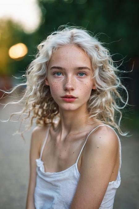 cinematic photo flash photo of a youthful girl,((( tack focus on eyes)))very skinny, fair skin , white hair , freckles ,(((back to camera))),posing ,long legs, perfect behind, small face, puffy lips, (((entire head in frame))), arms behind head, wavy messy hair, pout . 35mm photograph, film, bokeh, professional, 4k, highly detailed