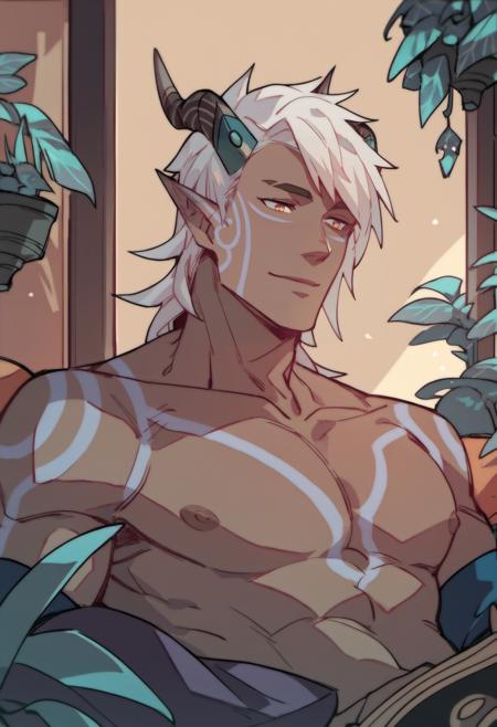 ethari_tdp, white hair,horns, pointy ears, tattoo, colored skin, dark-skinned male