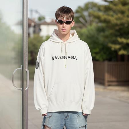 Realistic, (masterpiece, best_quality:1.1), a man wearing glasses standing in front of a glass door, balenciaga,  739024TOVN39012, Skater Hoodie Oversized in White, • Curly fleece • This item is unisex • Oversize fit • Hood without drawstring • Dropped shoulders • 1 kangaroo pocket on front • Gathered at cuffs and waistline • Football Crest artwork embroidered at front • Patches embroidered at front • Fraying effect artwork • Destroyed and dirty effect • Dry cleaning Material: 100% cotton, (Front portrait: 2).