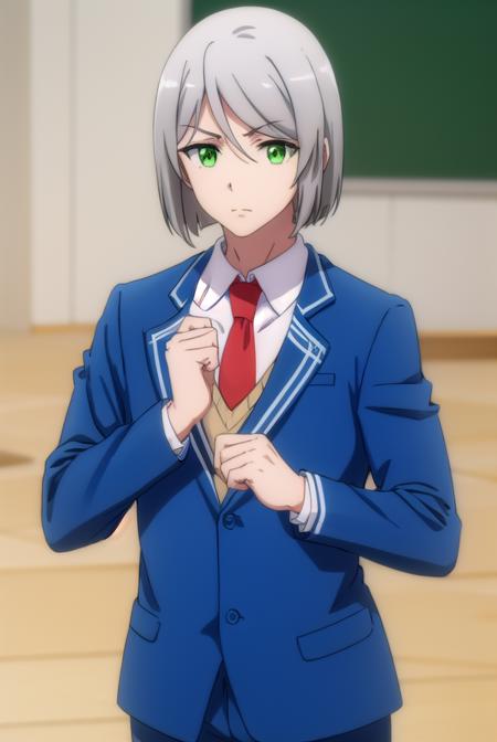 broodlevkaiser, <lora:brood lev kaiser s2-lora-nochekaiser:1>,
brood lev kaiser, (green eyes:1.3), grey hair, male focus,
BREAK school uniform, jacket, necktie, pants, formal, suit, blue jacket, red necktie,
BREAK indoors, classroom,
BREAK looking at viewer,
BREAK <lyco:GoodHands-beta2:1>, (masterpiece:1.2), best quality, high resolution, unity 8k wallpaper, (illustration:0.8), (beautiful detailed eyes:1.6), extremely detailed face, perfect lighting, extremely detailed CG, (perfect hands, perfect anatomy),