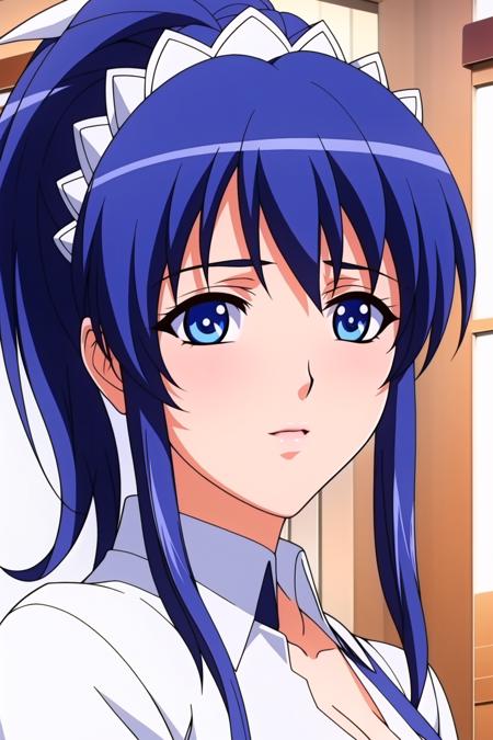 Simple White Background,
white shirt,collared shirt,short sleeves, open collar, 
<lora:Nanami_Nitta_Cafe_Junkie-KK77-V1:0.7>,maid headdress, maid apron,
Blue eyes, Blue hair,bangs,Long_hair,hair ornament, ponytail,
<lora:Oda_Non_Style-KK77-V2:0.3>,<lora:more_details:0.1>,
1 girl, 20yo,Young female,Beautiful Finger,Beautiful long legs,Beautiful body,
Beautiful Nose,Beautiful character design, perfect eyes, perfect face,expressive eyes,perfect balance,
looking at viewer,(Focus on her face),closed mouth, (innocent_big_eyes:1.0),(Light_Smile:0.5),
official art,extremely detailed CG unity 8k wallpaper, perfect lighting,Colorful, Bright_Front_face_Lighting,White skin,
(masterpiece:1.0),(best_quality:1.0), ultra high res,4K,ultra-detailed,
photography, 8K, HDR, highres, absurdres:1.2, Kodak portra 400, film grain, blurry background, bokeh:1.2, lens flare, (vibrant_color:1.2),professional photograph,
(Beautiful,large_Breasts:1.4), (beautiful_face:1.5),(narrow_waist),