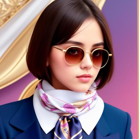 Masterpiece, High quality,  <lora:Silk_Scarf:0.8>, silk scarf, woman wearing a silk scarf, with a golden ring, sunglasses, wearing a blue women's suit,analog style, symmetric, centered, closeup, feminine, glossy, bimbo