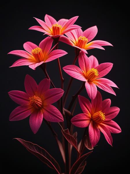 a fictional plant with unusually shaped petals,macro shot,depth of field, Dark moody lighting, high resolution, (((masterpiece))),(((best quality))),((ultra-detailed)),  (Ombre color scheme of neon pink, neon yellow) RAW photo