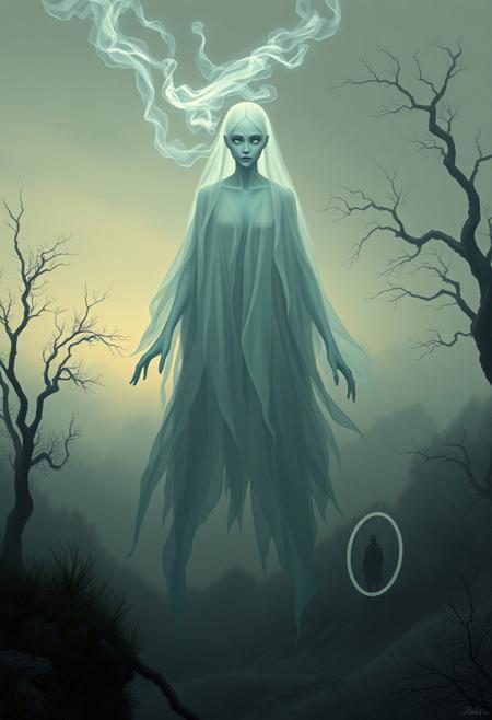 A ghostly apparition drifts through a surreal landscape, its translucent form ethereal and wispy, almost like smoke dissipating into the air. The figure is humanoid, with elongated limbs and flowing, tattered robes that trail behind in a ghostly mist. The face is hauntingly beautiful, yet unsettling, with hollow, glowing eyes and delicate, otherworldly features. The background is a dreamlike scene—faded, muted colors with a touch of eerie luminescence, where trees twist unnaturally, and the horizon blends into a soft haze. The style evokes Yoshitaka Amano's ethereal elegance, with finely detailed lines and a soft, painterly touch, while Esao Andrews' influence brings in a darker, surreal atmosphere, with subtle hints of decay and distortion. The ghost seems to float between realms, a blend of beauty and horror, its presence both enchanting and unnerving.