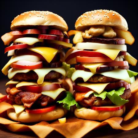 photo (QuadBurger style:1) a couple of hamburgers sitting on top of a pile of chips <lora:djzQuadBurgerV21:1>