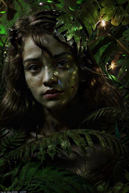 deep forest  jungle leaves and fireflies,medium shoot, twitter pfp, arafed woman posing for a picture, in a jungle environment, promotional images, beautiful female, (Masterpiece)