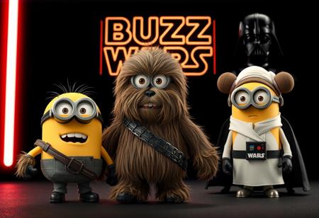 A minion from Despicable Me transformed into a Chewbacca-inspired creature, covered head to toe in thick, shaggy fur, blending the iconic features of a Wookie with the playful charm of a minion. Wearing a rugged ammo belt across its chest, the character strikes a powerful stance, mid-roar, exuding fierce energy. Next to this Wookiee minion stands a minion styled as Princess Leia, complete with her signature buns and white robes, adding a whimsical twist to her regal look. In the background, a dramatic sign reads ‘BUZZ WARS’ in a bold, Star Wars-style logo, glowing with a futuristic flair. To complete the scene, Darth Vader appears in all his imposing glory, adding a dark, commanding presence. Set against a pitch-black backdrop, the image shines in cinematic, 4K quality, creating a visual masterpiece that blends epic and whimsical elements with intricate details in texture, expression, and character design.