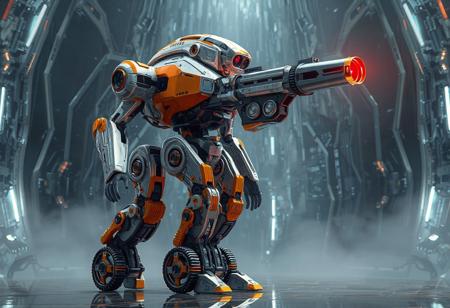 "A hyperdetailed cinematic concept art of a futuristic robot standing tall against a Dream Mirror of Terror backdrop. The robot is predominantly silver with vibrant orange and black accents, featuring an intricate design with a large, camera-like head structure and a robust body equipped with a large gun pointed to the right, exuding readiness. Its arms and legs are extended, with wheels on the legs enhancing its mobility. The head emits a red light, adding a warning signal. Rendered in Octane and Unreal Engine 5, with 4K resolution, lifelike details, sharp lines, and stunning, harmonious colors. The composition is impeccable, with the robot centrally placed, drawing attention to its detailed design. Captivating lighting, a dynamic action pose, and a creative angle, trending on ArtStation and CGSociety. Inspired by the styles of Raphael, Houdini, and Grammer Effect, with vivid emotions and a powerful message. The robot’s design showcases handcrafted precision and balanced editing, evoking a sense of futuristic readiness and technological prowess."