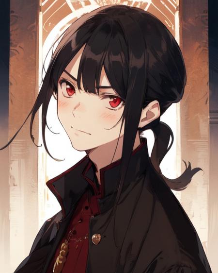 Oda Nobukatsu 1boy, black hair, red eyes, ponytail