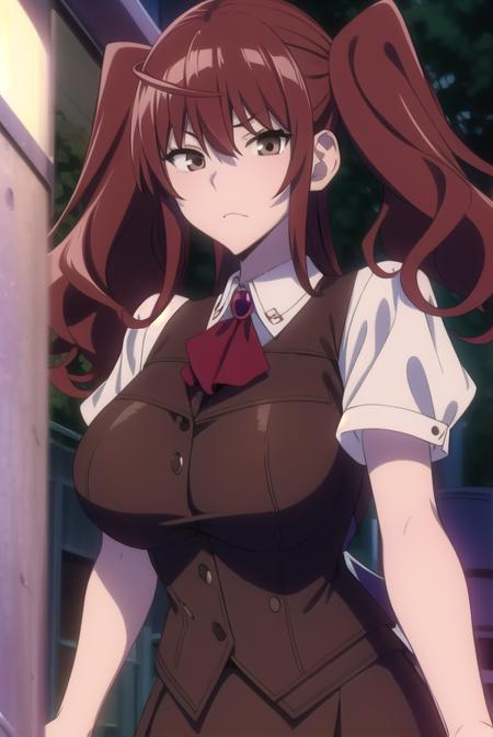 erikakuramoto, <lyco:erikakuramoto-LYCORIStest:1>,
erika kuramoto, twintails, (red hair:1.5), two side up, (brown eyes:1.5), hair between eyes, (large breast:1.2),
BREAK collared shirt, shirt, ascot, red ascot, juliet sleeves, short sleeves, sweater, brown sweater vest,
BREAK looking at viewer,
BREAK indoors, classroom,
BREAK <lora:GoodHands-vanilla:1>, (masterpiece:1.2), best quality, high resolution, unity 8k wallpaper, (illustration:0.8), (beautiful detailed eyes:1.6), extremely detailed face, perfect lighting, extremely detailed CG, (perfect hands, perfect anatomy),