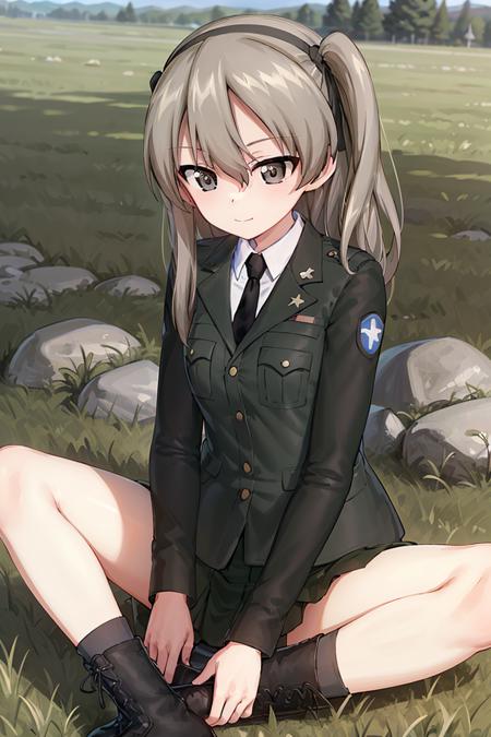 masterpiece, best quality, 1girl, solo, girls und panzer, shimada arisu,hair ribbon, selection university military uniform, black jacket,white shirt, black necktie, black skirt, grey socks, lace-up boots, thigh focus, looking at viewer, sitting on rocks, green field, blue sky <lora:Shimada Alice:0.6>