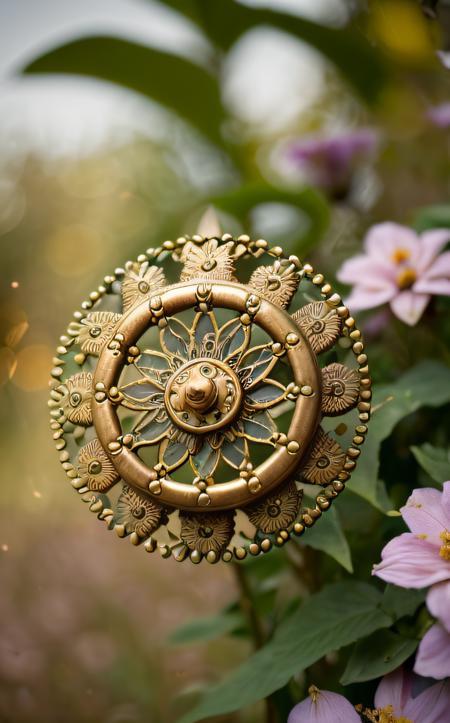 Steampunk style ((best quality:1.4)), ((masterpiece:1.4)), (detailed:1.3), 8K, vibrant flower garden in full bloom, diverse species of flowers, rich and varied colors, butterflies and bees hovering, dew-covered petals, (sunlit:1.3), (soft bokeh background:1.4), peaceful and serene atmosphere, intricate leaf and petal details, in the style of Claude Monet, low-angle shot. . Antique, mechanical, brass and copper tones, gears, intricate, detailed