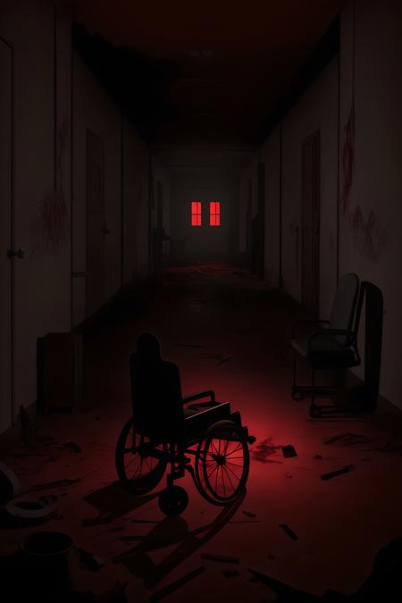 wheelchair, red theme, hospital, horror, ruins, broken glass