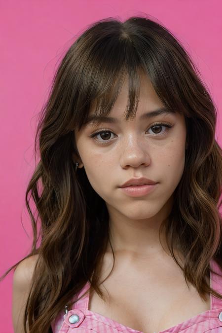 jenna ortega, long hair, bangs, 
pink overalls, studs, t shirt, detailed skin, young, 
headshot, simple solid background, closeup head-shot, realistic,
 <lora:Jenna_Ortega_V1:0.7>, <lora:breastsizeslideroffset:-0.6>