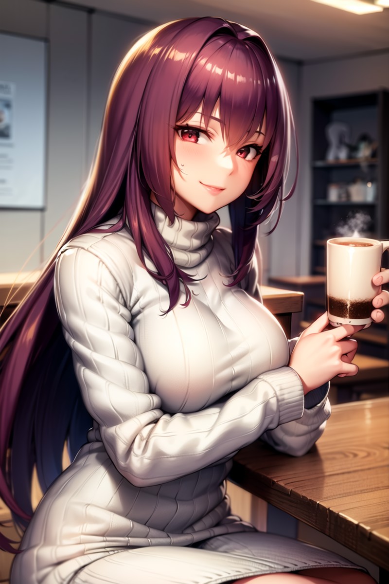 <lora:scathach:0.8>, scathach, scathachSweater, masterpiece, best quality, absurdres, 1girl, cafe, indoors, window, crowd,...