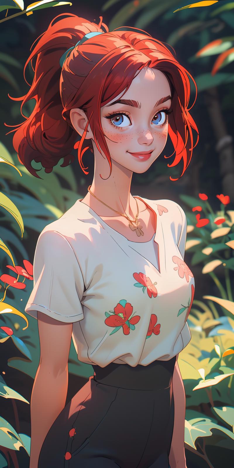 A cartoon illustration of a girl with red hair and blue eyes, wearing a white floral shirt, smiling while posing in a forest setting.