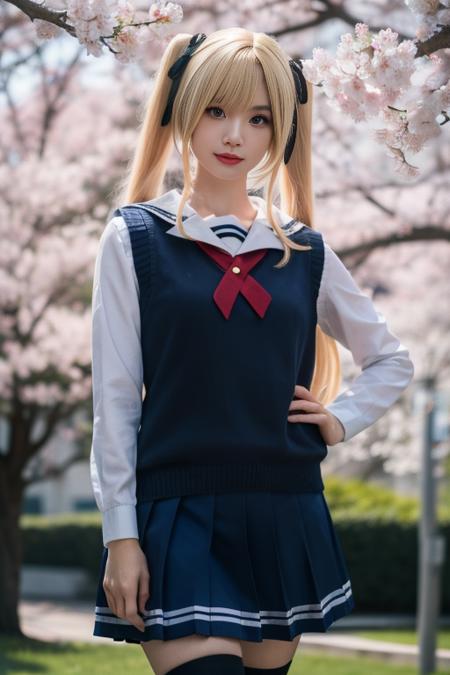 ultra-detailed,highly detailed,best quality,masterpiece,illustration,realistic,
eriri, 1girl, solo, cosplay, 
blonde hair, twintails,long hair, bangs,   blue eyes, 
sweater vest, school uniform, serafuku,sailor collar,shirt, vest, long sleeves,  hair ribbon, pleated skirt, blue skirt, neckerchief,  
standing,looking at viewer,  cowboy shot, 
blurry background, outdoors, day, photo inset, photo background,depth of field, reference inset,spring, cherry blossoms, 
 <lora:eriri_v4_03:0.7>