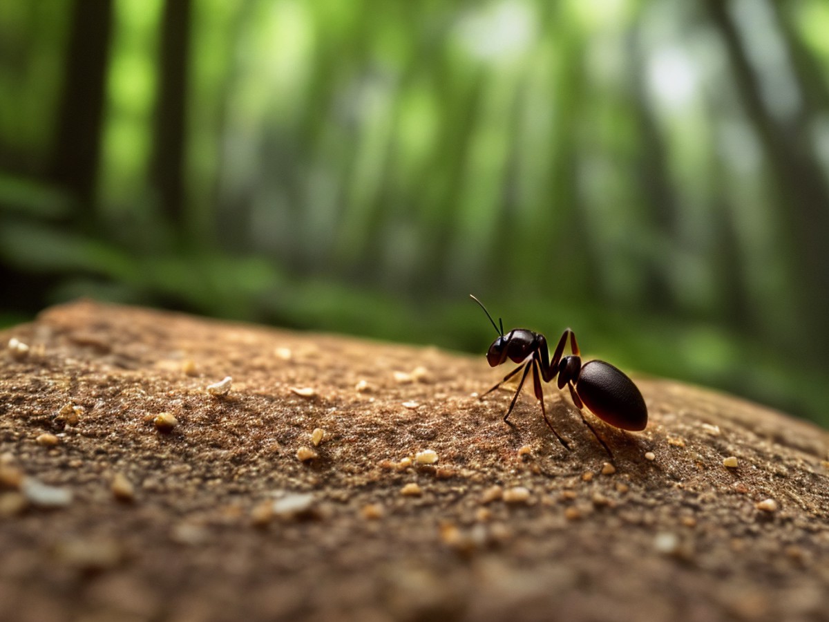 realistic extreme close-up top-down photo, (Dutch angle shot), (glow, atmosphere), an ant carrying a piece of bread that i...