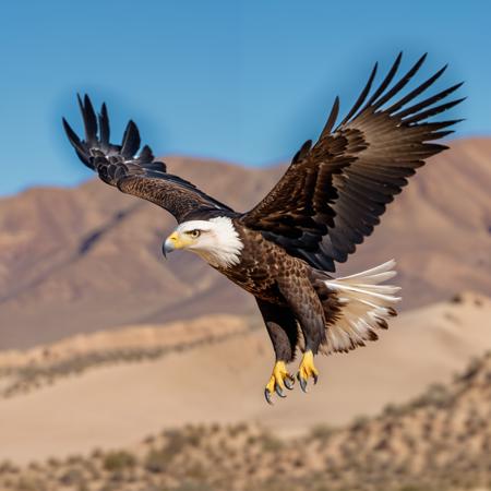 Majestic desert eagle, mid-flight, expansive blue sky, sunlit feathers, sharp talons, focused eyes, dynamic motion, desert landscape below, crisp details, natural lighting, Kodak film realism, 8K UHD precision.