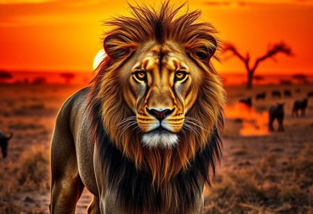 "Masterpiece, best quality, highres, ultra-detailed, cinematic lighting. A majestic lion stands in the heart of the sun-scorched savanna, staring directly at the viewer with piercing golden eyes. Its powerful frame is accentuated by the warm glow of the setting sun, casting long shadows over the dry grass. The lion’s thick, flowing mane ripples in the wind, a mix of deep amber, tawny brown, and hints of black. Muscles ripple beneath its sleek fur, each detail meticulously rendered, from the faint battle scars on its muzzle to the subtle dust clinging to its coat. The savanna stretches endlessly behind it, with acacia trees silhouetted against the fiery hues of the dusk sky. Wisps of dust rise from the cracked earth, swirling in the soft breeze. A few distant silhouettes of wildebeests and zebras graze under the fading light, their presence barely noticeable against the vast horizon. The lion’s expression is regal, unwavering, exuding both dominance and wisdom an apex predator, yet a guardian of the land. The atmosphere is tense, as if the lion is studying its observer, deciding whether to attack or simply acknowledge their presence. The composition is perfectly balanced, with the lion slightly off-center, drawing immediate focus to its intense gaze and the intricate details of its face and mane."