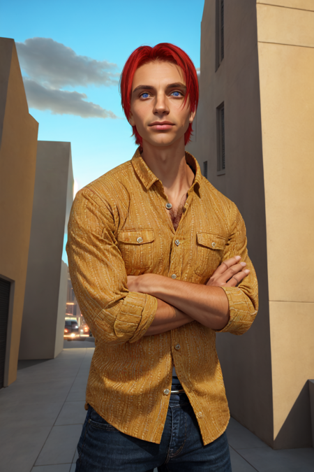 RAW, dynamic lighting, light bokeh, tanned skin, tan, Charlie Pe'kova, 1boy, male focus, mature male, solo, looking at viewer, short hair, blue eyes, shirt, red hair, building, extremely detailed, <lora:Charlie:0.7>