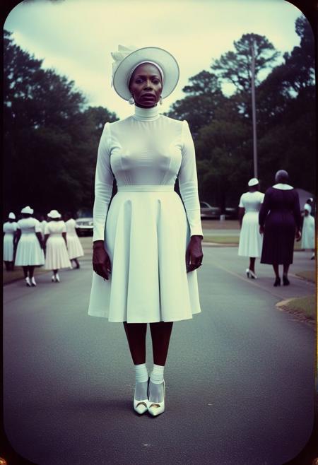 ()Hyoer Realistic:2.0)Polaroid picture of 
a hyper realistic Movie Still of (80 years old ((busty:1.3)) (((african american))) women) 
  a Mississippi Baptist church parking lot  where a group of stunning, elderly black women, resplendent in their finest Sunday attire with white high heels, (struggling to walk:1.90)  around a circle of new recruits. The women's faces exude warmth, wisdom, and a hint of mystique, as they gaze intensely at the newcomers.
With gentle, soothing voices, they begin to speak in unison, their words weaving a hypnotic spell that draws the recruits in.
The recruits' faces slacken, their eyes glazing over as they succumb to the sisters' mesmerizing power. The women's message is clear: join their sisterhood, and you shall be empowered to raise your family without the need for a man. Capture the surreal, captivating atmosphere of this scene, where the boundaries between faith, sisterhood, and mind control blur.
BREAK (wearing ((semi-transparent)) very high platforms::0.9) ((Woman Fully Visible Full Body Photo)) Film Still:1.50), a hyper realistic Movie Still of elderly (80 years old ((busty)) black women)
