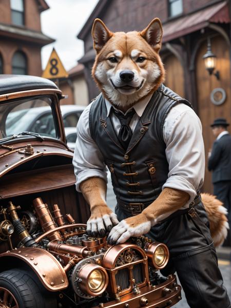 an shiba inu mechanic is repairing his steampunk car, detailed, realistic, 8k uhd, high quality