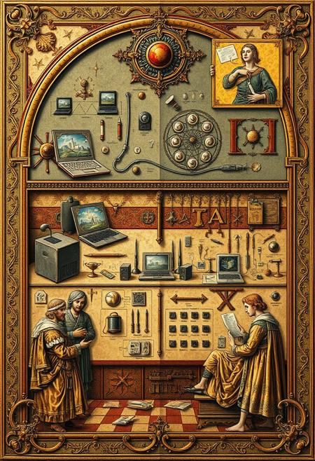 Historical Scene, Medieval Art Style, Detailed Sectioned Illustration of the Manufacture of Internet and the Art of coding in the Middle Ages, Depicting Innovations, computers, and network devices, Ornate Decorative Background, Including a Small Inset on the Manufacture of Wifi Router Production and Influence. This masterpiece image is a high resolution, detailed sectioned illustration of the Manufacture of Internet and the Art of the Coding in the Middle Ages, executed in the style of Medieval art. The upper section showcases the innovations of the Manufacture of Internet, featuring intricately decorated app-icons, buttons, and other ornamental transistors that highlight the exceptional quality of the design. The middle section presents various medieval computers such as laptops, servers, ipads, routers, switches, with small icons or illustrations indicating the importance of coding and transistors, possibly featuring a small Microship. The lower section illustrates manners of Chip design in the Middle Ages.