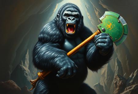 A majestic black Gorilla of the Fire Fist, rendered with rich, textured oil brush strokes in a detailed oil on canvas painting style reminiscent of Raphael, stands regally on its hind legs. Its powerful form is illuminated by dramatic lighting, possibly chiaroscuro. Its face, a masterpiece of detail showing a visceral roar, mouth wide open, is the intentional focus. A striking green axe, painted with vibrant pigments and fine detail, is held firmly in its right hand. The Ice Dragon's Prison is painted as a classical landscape, a cavern of crystalline structures with deep shadows, contrasting sharply with the subject. 4K, Exceptional Quality, More Detail, Super Detailed Face and Eyes, Handcrafted with Precision, High Quality, Sharp Lines and Brush Strokes, Stunning Colors, Harmonious Colors, Beautiful Matte Painting quality for the environment, Impeccable Composition, Creative Angle, Attractive Background, Balanced Editing, Intentional Focus, Well-timed Moment, Captivating Lighting, Raphael Style, Houdini Style (complex forms), Vivid Emotions, Beautiful Detailed Eyes, CGSociety, Artstation Trending on ArtstationHQ, Golden Ratio, Artstation hd, groundbreaking, hyperdetailed, dramatic lighting.