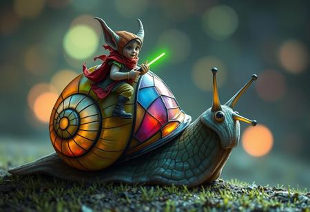 a tiny goblin jockey riding on the back of a giant snail, neon reins,the snail's shell is made of stained glass, slime trail, neon bokeh, in the style of a fantasy painting