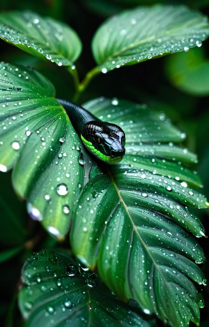 Green Snake with Black Stripe Resting on Leaves.