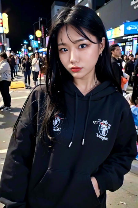 masterpiece, best quality, photorealistic, ultra realistic, realistic face, RAW photo, solo, looking at viewer, 1girl, <lora:sonyshow:0.85>, sonyshow, black hair, city, road, citizens, night, black hoodie, outdoor