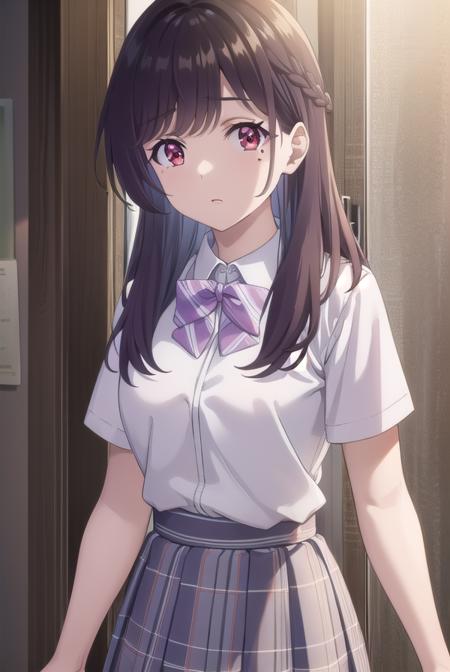 mariakurose, <lora:maria kurose s1-lora-nochekaiser:0.8>,
maria kurose, long hair, black hair, (red eyes:1.3), mole, mole under eye,
BREAK skirt, shirt, bow, school uniform, white shirt, short sleeves, pleated skirt, bowtie, plaid, plaid skirt, purple bow,
BREAK indoors, classroom,
BREAK looking at viewer, (cowboy shot:1.5),
BREAK <lyco:GoodHands-beta2:1>, (masterpiece:1.2), best quality, high resolution, unity 8k wallpaper, (illustration:0.8), (beautiful detailed eyes:1.6), extremely detailed face, perfect lighting, extremely detailed CG, (perfect hands, perfect anatomy),