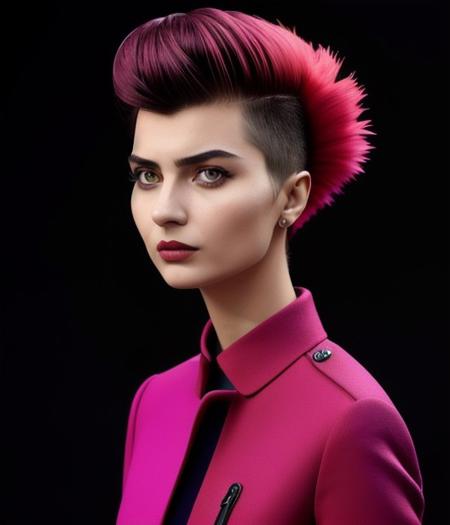 portrait photo of (zxzxtuba) a model by Flora Borsi, style by Flora Borsi, bold, bright colours, Mohawk haircut, ((Flora Borsi))<lora:tuba2bat20ecos-000009:1.0>