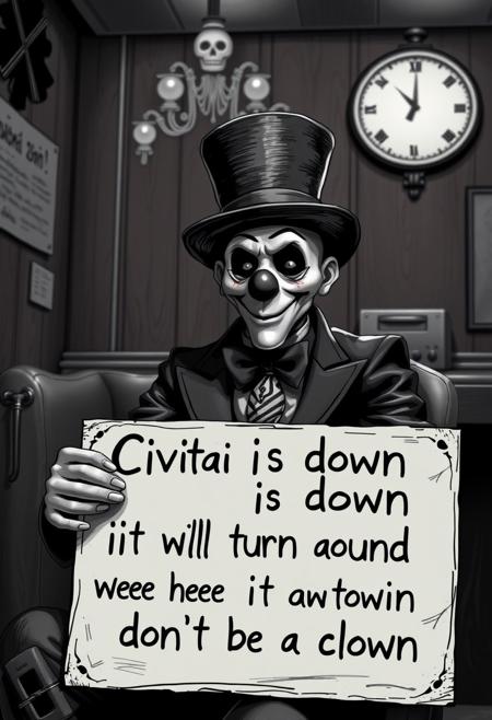 Spinx in a top hat, sitting down, server room, back to server. Holding sign. 
Sign reads:
Civitai is down it will turn around when it  back in town so don't be a clown