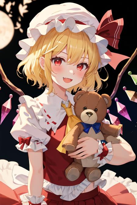 best quality, masterpiece, highres, solo, {flandre_scarlet_touhou:1.15}, blonde_hair, wings, red_eyes, crystal, bangs, hat, one_side_up, ribbon, mob_cap, bow, blush, smile, vest, white_headwear, red_vest, ascot, hair_between_eyes, red_bow, red_ribbon, upper_body, hat_ribbon, yellow_ascot, short_hair, 1girl, frills, hat_bow, looking_at_viewer, shirt, white_shirt, fang, simple_background, white_background, frilled_shirt_collar, open_mouth, puffy_short_sleeves, puffy_sleeves, short_sleeves, skin_fang, stuffed_toy, red_skirt, skirt, stuffed_animal, holding, teddy_bear, wrist_cuffs