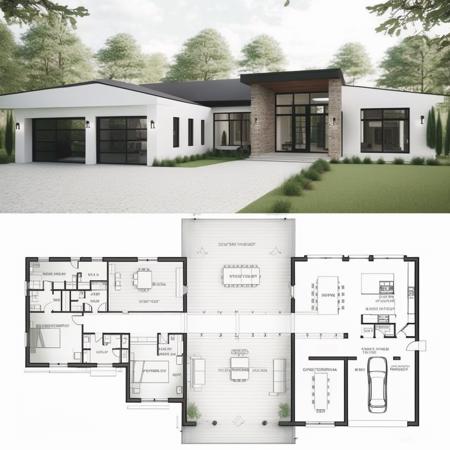 u shape so it looks like a courtyard in the front. and it needs to have a three place car garage on the left hand side big territory expensive with big windows and transparent doors garage white brick facade big spaces inside with backyard black elements white is primary color on house modern house european style warm day light scenario