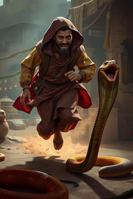 illustration of a scared Moroccan snake charmer running away, followed by an angry snake, fantasy art, cinematic, highly detailed, soft light, exotic background,