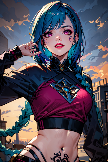 1girl, arm tattoo, asymmetrical bangs, bangs, (zentangle, mandala, tangle, entangle:0.6), blue hair, braid, brown shirt, cloud tattoo, looking at viewer, laughing, crazy, uncontrollable laugh, mad look, night, city, green hair, long hair, midriff, pink eyes, red lips, shirt, solo, standing, tattoo, twin braids, upper body, arcane jinx, jinx \(league of legends\)