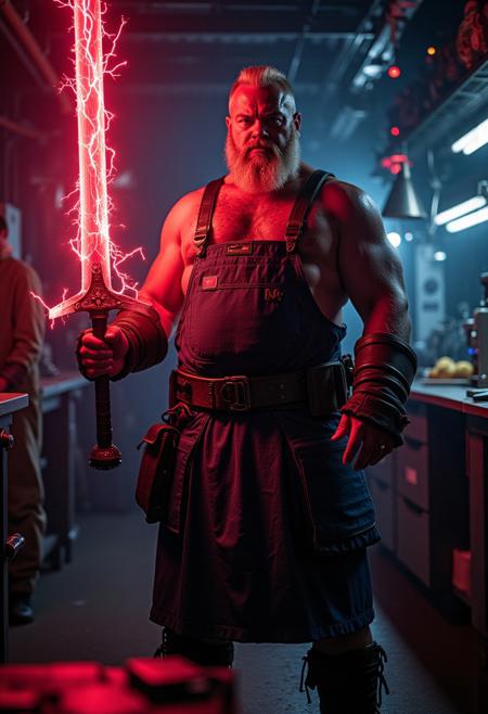 cyberpunk, extremel detailed raw nighttime night photograph, character in dark shadows neonlit rimlight,  arthouse romance film scene, cinematic atmosphere dark gloomy atmosphere, hyperrealistic digital rennaissance oil painting, by gengoroh tagame and jiraiya and goh fujimoto, dark room at night, german bavarian mature manly hairy musclechub grandpa strongman, huge muscular steroid arms, tanned sweaty oiled skin, big hairy belly, very hairy body, detailed bodyhair, blonde brown short hair, in evil scifi hypermodern science lab full of advanced machinery, he is holding a large  glowing  red zweihander claymore sword that emits strong magic energy, dark purple and orange neonlights, he exudes a powerful dark aura, he is wearing a dark blue fullbody overall with suspenders and a toolbelt with many leather pockets, brown leather bracers, scottish kilt, heavy metal rock musci vibes, aggressive attack pose, ready for battle, electric lightning emitting from body and sword