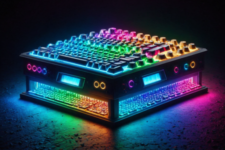 a neon sculpture made out of RGB Keyboards, with abstract shapes, glowing edges, solo, with electric blue RGB lights, cool and vibrant, a neon crystal field with glowing crystals, RGB reflections, shimmering ground, detailed background, radiating a digital aura, pulsing with RGB lights, powerful, radiating RGB lights, wide shot, a neon crystal display with artifacts, glowing crystals, RGB reflections, a glowing RGB data stream with RGB lights, flowing nearby, RGB wind with glowing particles, RGB lights streaking, neon dawn with soft RGB lights, shimmering hues, fresh energy, chaotic, with flashing RGB lights, best quality, vibrant colors, realistic style, high detail, high-definition, hyper-realistic, extremely high-resolution details, fine texture, incredibly lifelike, realistic, not cartoon, not drawing, highres, 4K resolution, source photo, realistic photo, masterpiece, best quality, amazing quality, very aesthetic, ultra-detailed, detailed textures, natural lighting, soft light, cosmic RGB colors, purples, blues, starry whites, electric spark, sharp and vibrant, dynamic angle, wide shot, <lora:RGB_Keyboard_themed-000008:1>
