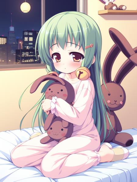 <lora:TachibanaYuzu:0.8>, TachibanaYuzu, 1girl, solo, green hair, stuffed toy, stuffed animal, slippers, bell, long hair, stuffed bunny, hair bell, nightgown, child, pajamas, jingle bell, blush, hair ornament, ribbon, 
sanatorium,
masterpiece, high quality, very_high_resolution, large_filesize, full color,