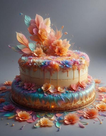cheese cake, p1nk1r1fl0wers, made out of iridescent flower petals, high quality, masterpiece <lora:PinkieIriFlwrsSDXL:1>