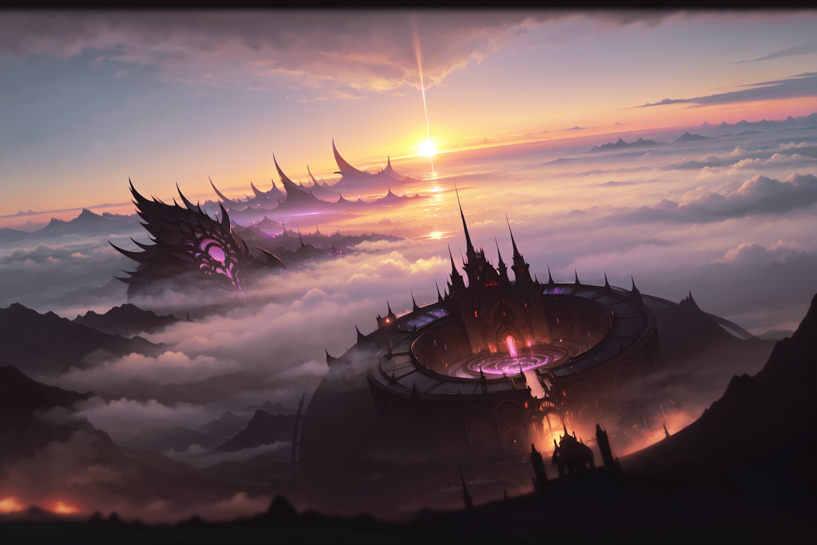 masterpiece, ff14style, landscape, city in the clouds, sunset, cloud, fog, <lora:FF14 LoadingArtV3.0:1>
