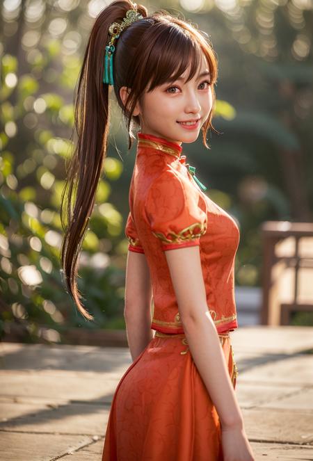 (xiaoqiao:0.9),realistic, 8K, (photorealistic:1.4), beautiful eyes, best quality, ultra-detailed, 1girl, smile, photon mapping, physically-based rendering, (((looking at camera))), realistic, solo, outdoor, day, glowing skin, <lora:xiaoqiao:1>, <lora:CHDoll:0.2>, (((bokeh background))), gravure pose,