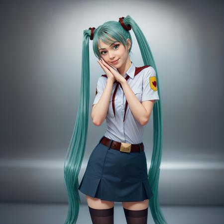 (best quality:1.15), (masterpiece:1.15), (detailed:1.15), (realistic:1.4), (intricate:1.4), award winning photo of mikufb, (1girl:1.0), (solo:1.0), detailed face, (perfect face:1.0), detailed eyes, (realistic eyes:1.2), ((japanese:0.4)), cyan hair, long twintails, red scrunchy, red hair bands, cupped palms, hands near the face, smiling,  white shirt, collared shirt, short sleeves, red neckercheif, chest pockets, chest bage, belt, blue skirt, black stockings),   studio lighting, looking at the camera, dslr, ultra quality, sharp focus, tack sharp, dof, film grain, Fujifilm XT3, crystal clear, 8K UHD <lora:mikulorafb_v03:0.78>