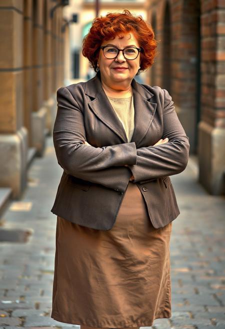 full body shot masterpiece portrait of a plump mature woman::1.4, Norman Rockwell style::1.2, realistic impressionist art::1.1,
(physical description: full body shot, plump build, mature age, red curly hair, wearing glasses, arms crossed:1.1)
(facial features, expression: soft and confident expression, gentle smile lines, thoughtful gaze through round glasses:1.0)
(clothing details: tailored jacket paired with a knee-length skirt, round toe flats in a coordinating color:1.0)
(accessories: simple earrings or minimal jewelry, subtle handbag or no bag:0.9)
(background setting: urban sidewalk or small town square, textured stone or brick background:0.9)
(lighting style: natural soft daylight with warm highlights:0.8)
(composition and camera framing: full body centered portrait, eye-level angle, candid posture with arms crossed:1.0)
(emotional tone or theme: self-assured, comfortable elegance, quietly bold presence:0.9)
(technical execution: clean sharp details, rich color tones with natural shadows, painterly realism:0.8)
